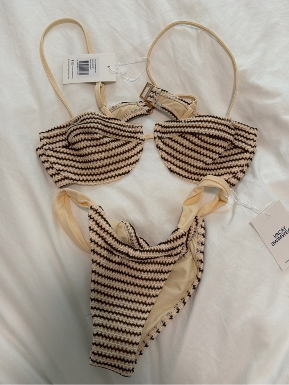 Vacay Swimwear NWT Striped Cream and Brown Crochet Bikini Set